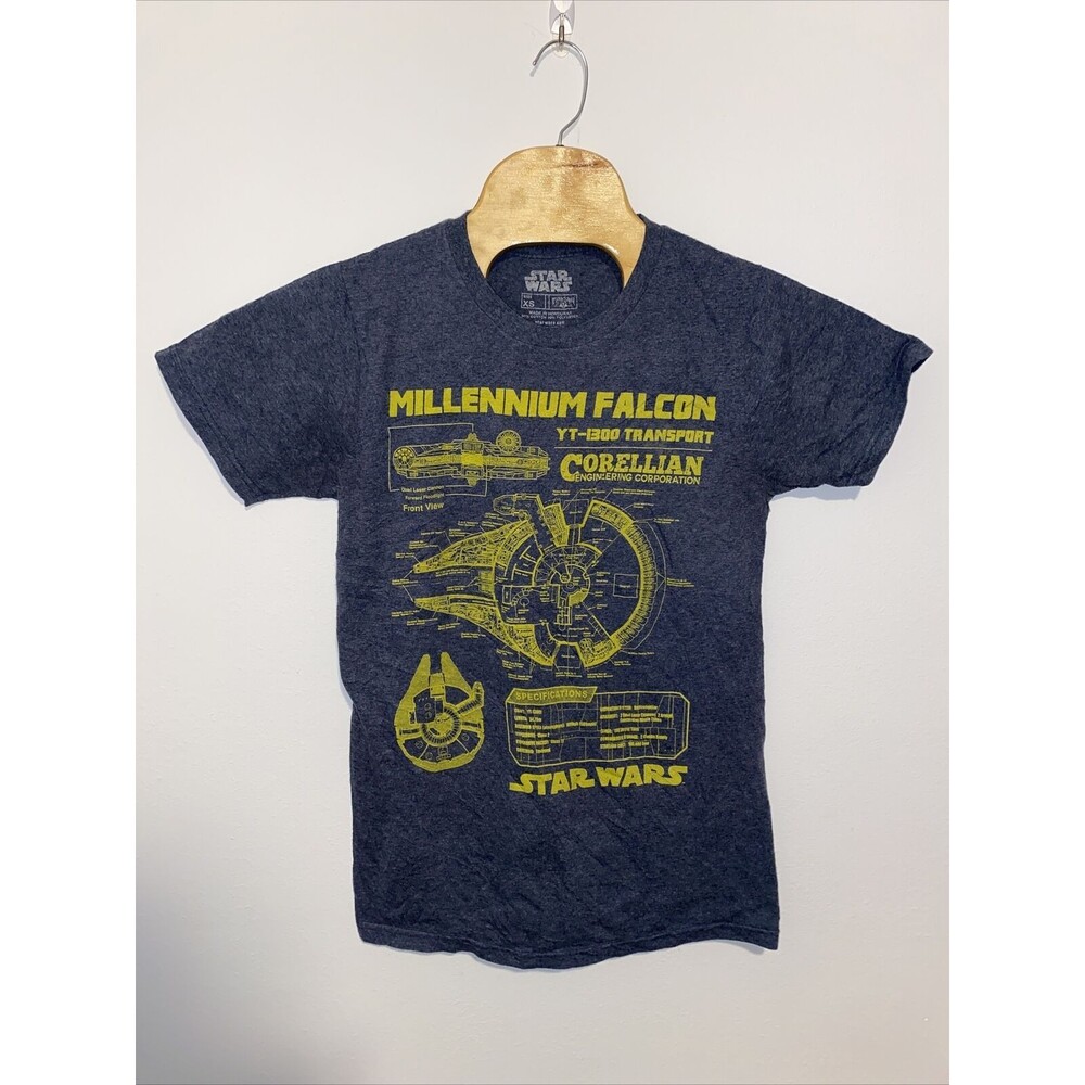 Star Wars Millennium Falcon T-Shirt XS Blueprint Shirt Short Sleeve Blue-Gray